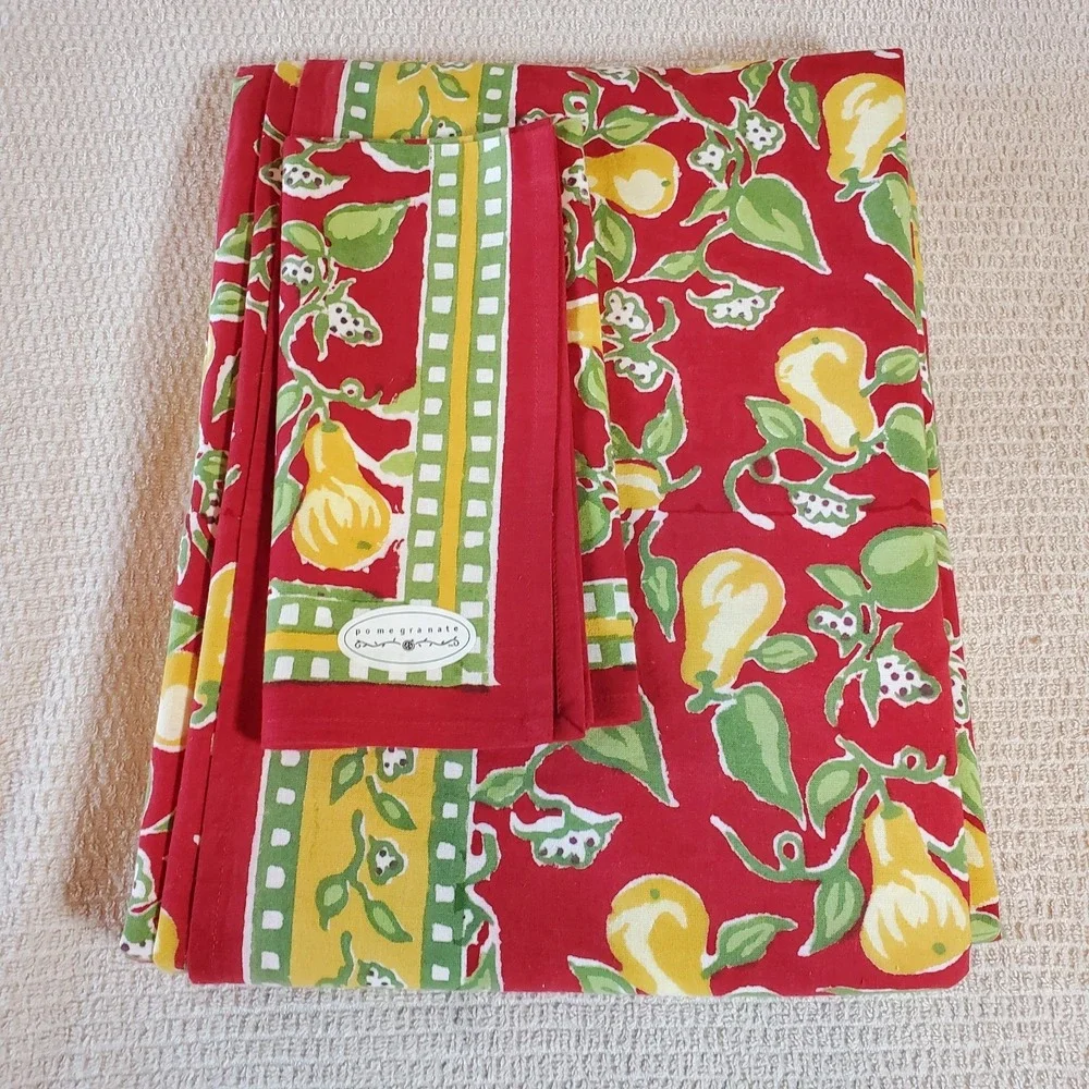 Pomegranate Tablecloth 100% Cotton Red With Yellow Pears‎ 60x90 & Napkin (1)